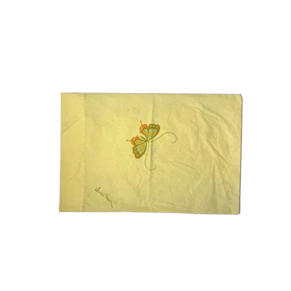 Vintage Martex & Hanae Mori Pillowcase 1970s Yellow Butterfly Signed King Sham